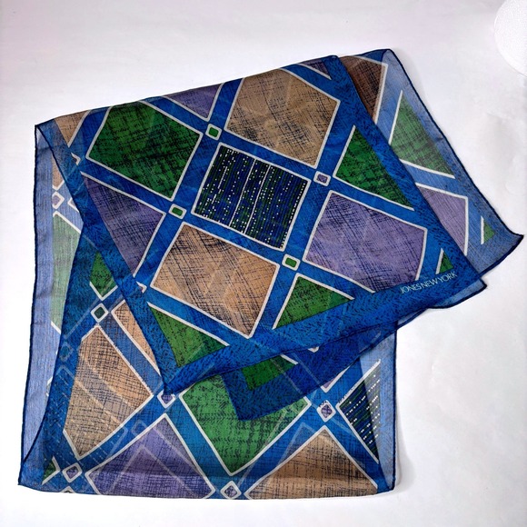 Jones New York Accessories - VTG Jones NY‎ Geometric Print Chiffon Sheer Scarf Blue Tan Green Purple